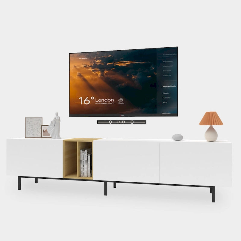 Meuble TV blanc 77" avec grand rangement et prise intégrée pour téléviseurs jusqu'à 70"