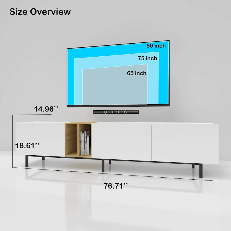 Meuble TV blanc 77" avec grand rangement et prise intégrée pour téléviseurs jusqu'à 70"