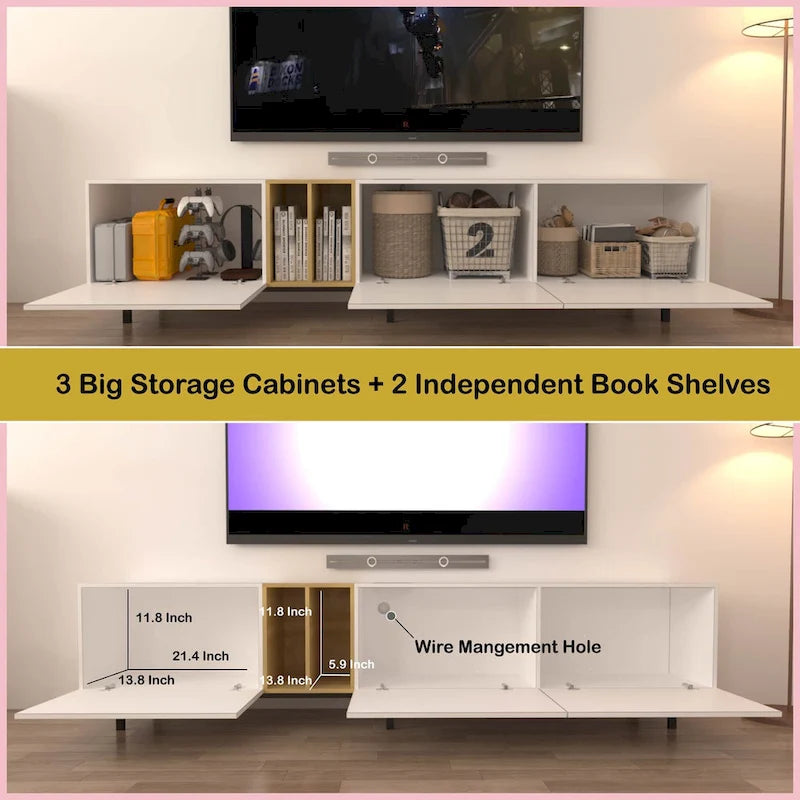 Meuble TV blanc 77" avec grand rangement et prise intégrée pour téléviseurs jusqu'à 70"