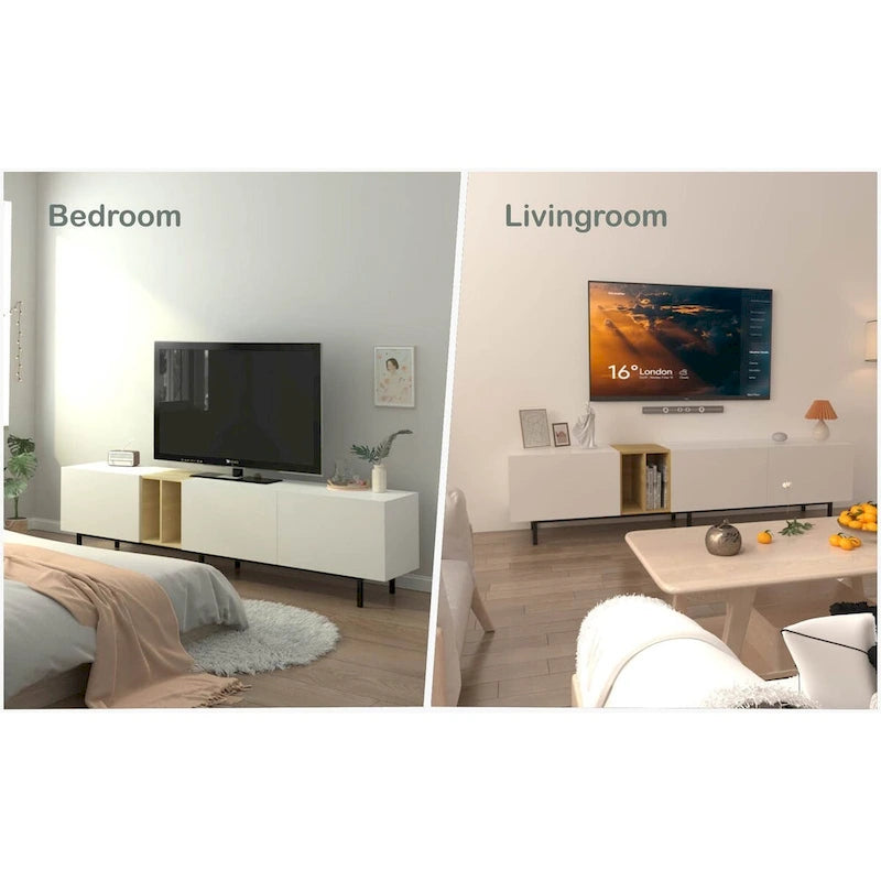 Meuble TV blanc 77" avec grand rangement et prise intégrée pour téléviseurs jusqu'à 70"