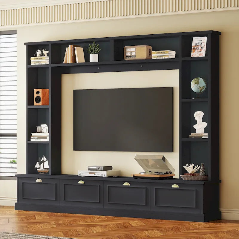 Meuble mural noir 104,2" grand format avec étagères et placards pour téléviseurs jusqu'à 78"