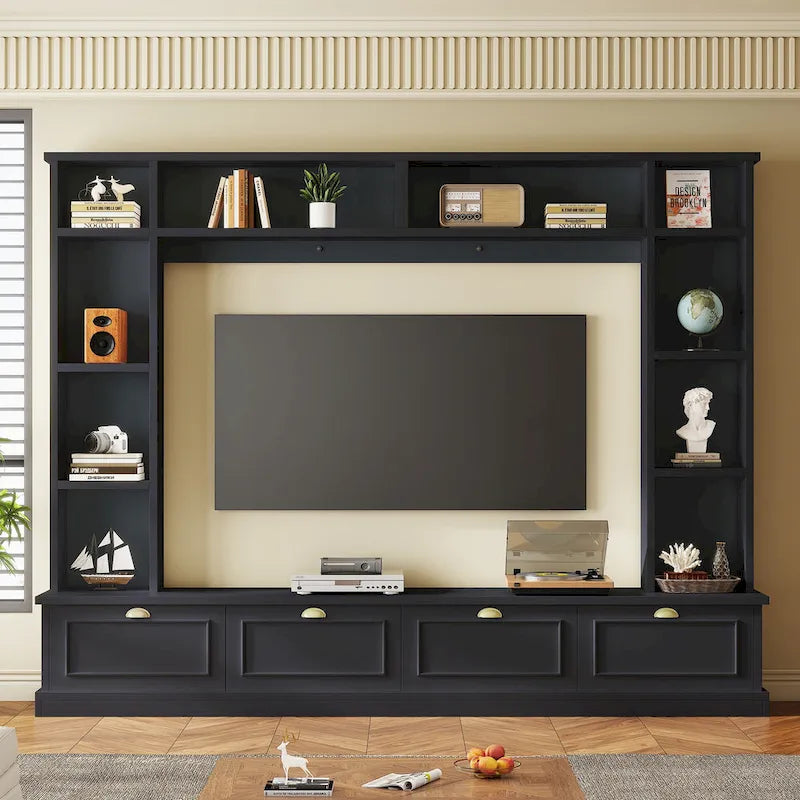 Meuble mural noir 104,2" grand format avec étagères et placards pour téléviseurs jusqu'à 78"