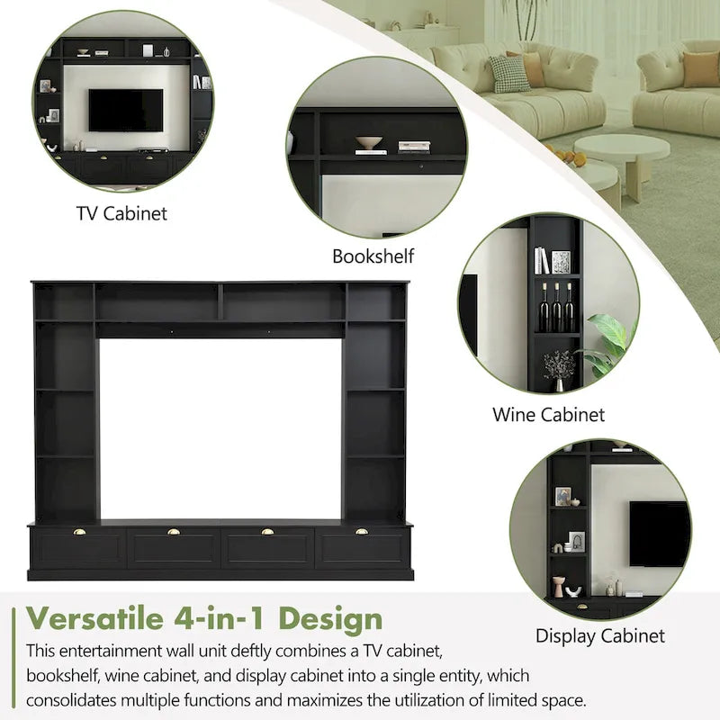Meuble mural noir 104,2" grand format avec étagères et placards pour téléviseurs jusqu'à 78"