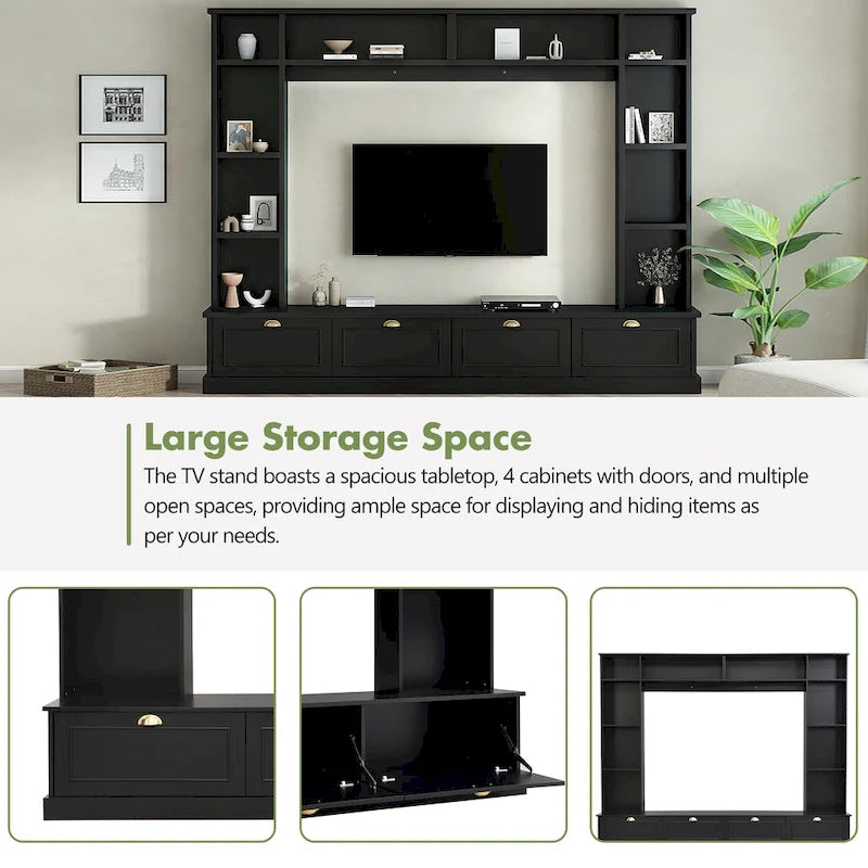 Meuble mural noir 104,2" grand format avec étagères et placards pour téléviseurs jusqu'à 78"