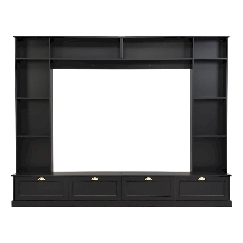 Meuble mural noir 104,2" grand format avec étagères et placards pour téléviseurs jusqu'à 78"