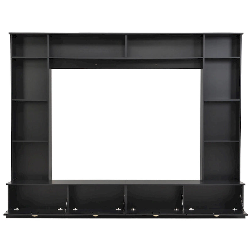 Meuble mural noir 104,2" grand format avec étagères et placards pour téléviseurs jusqu'à 78"