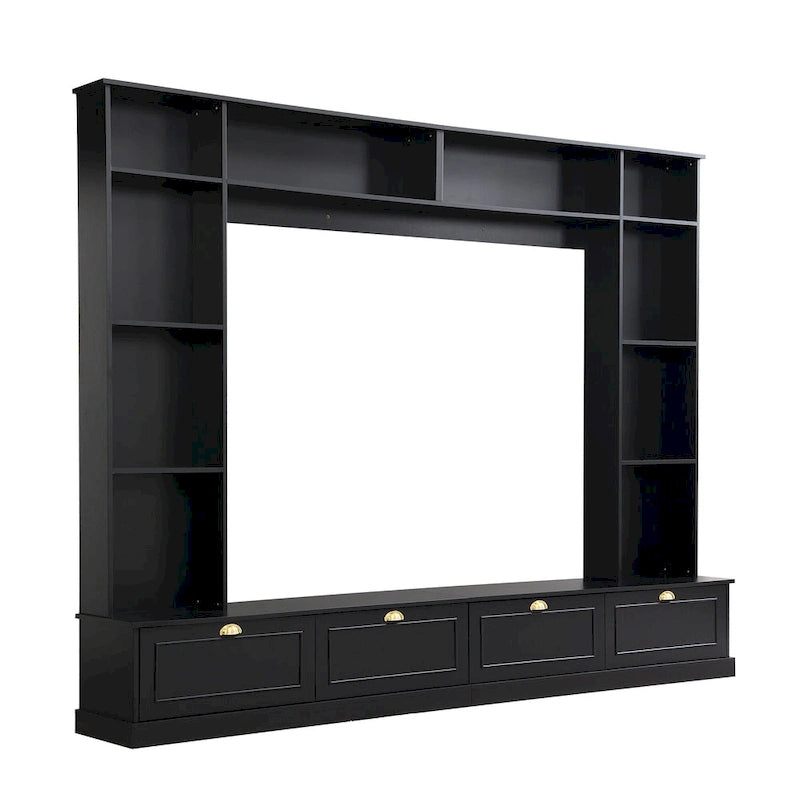 Meuble mural noir 104,2" grand format avec étagères et placards pour téléviseurs jusqu'à 78"
