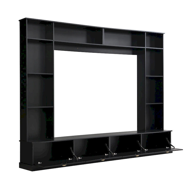 Meuble mural noir 104,2" grand format avec étagères et placards pour téléviseurs jusqu'à 78"