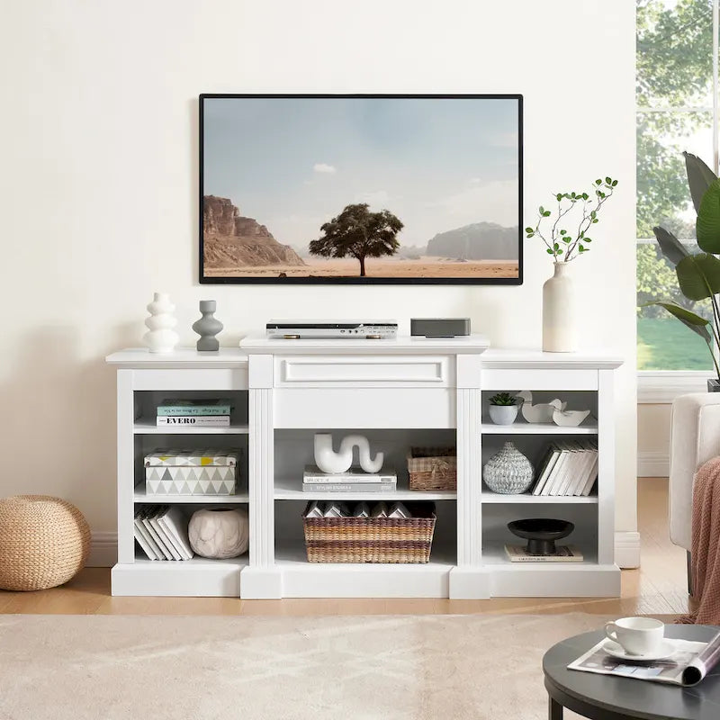 Meuble TV blanc 66" avec grand placard et étagères réglables pour TV jusqu'à 65"