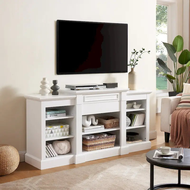 Meuble TV blanc 66" avec grand placard et étagères réglables pour TV jusqu'à 65"