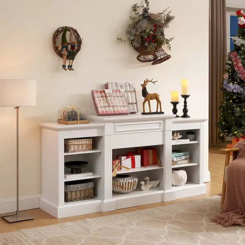 Meuble TV blanc 66" avec grand placard et étagères réglables pour TV jusqu'à 65"