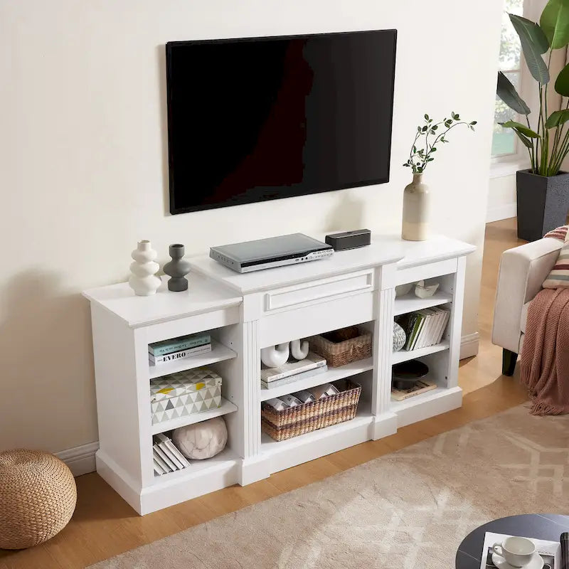 Meuble TV blanc 66" avec grand placard et étagères réglables pour TV jusqu'à 65"