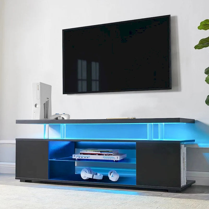 Meuble TV noir de 51 po avec DEL et rangement ouvert pour téléviseurs de 70 po