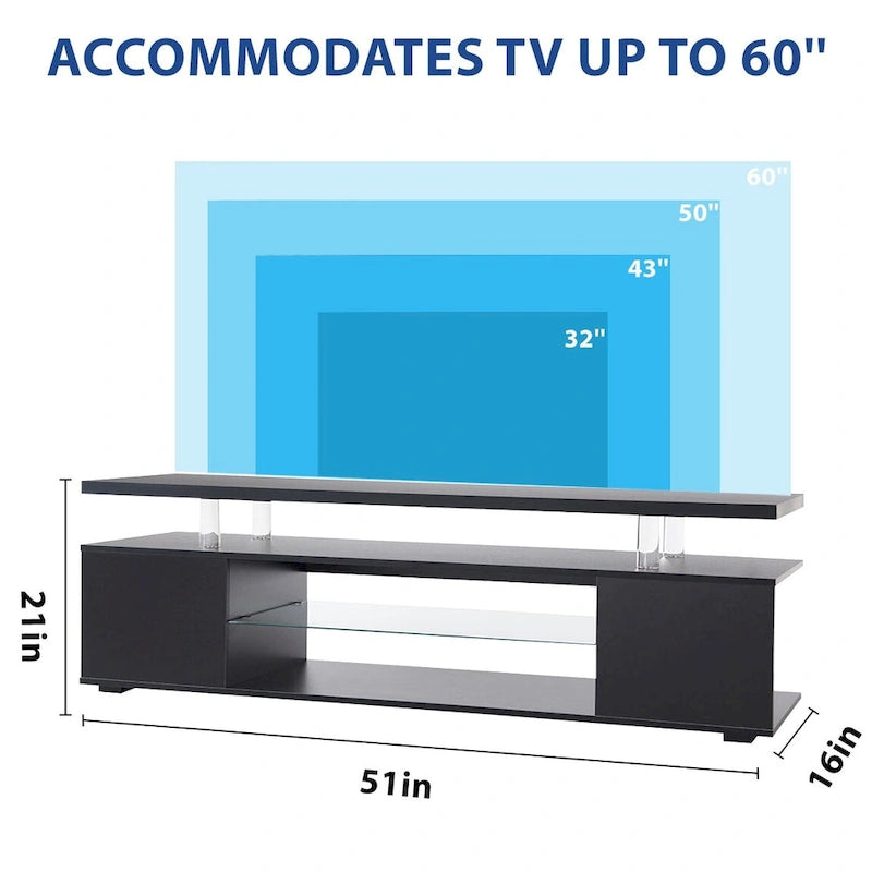Meuble TV noir de 51 po avec DEL et rangement ouvert pour téléviseurs de 70 po
