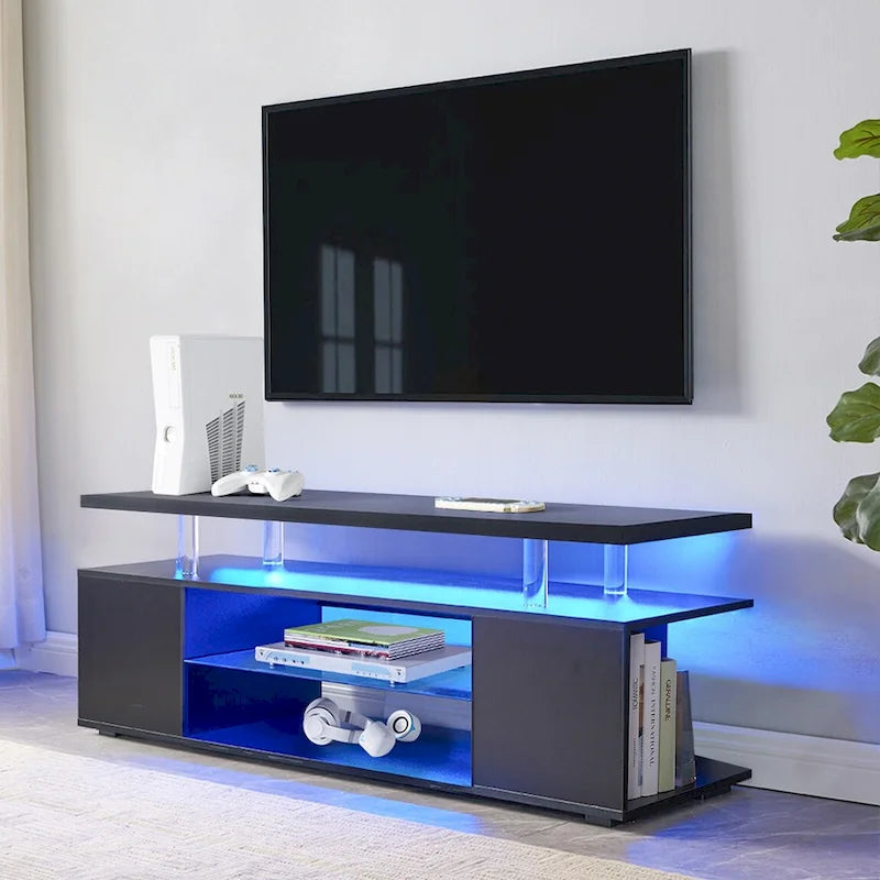 Meuble TV noir de 51 po avec DEL et rangement ouvert pour téléviseurs de 70 po