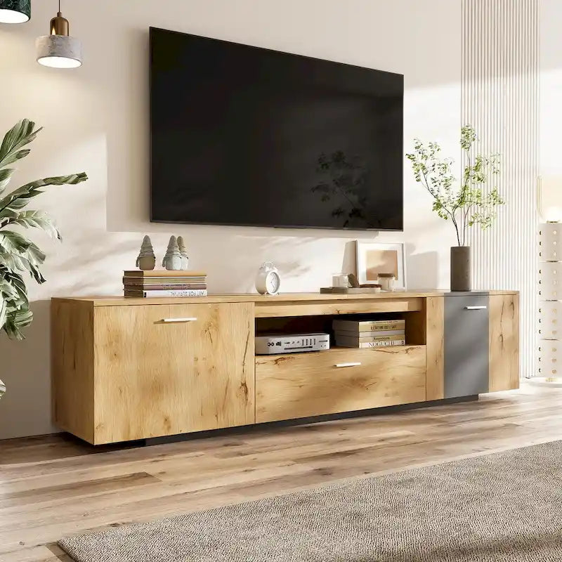 Meuble TV 70,86" gris et bois naturel avec 3 armoires et tiroir pour téléviseurs jusqu'à 80"