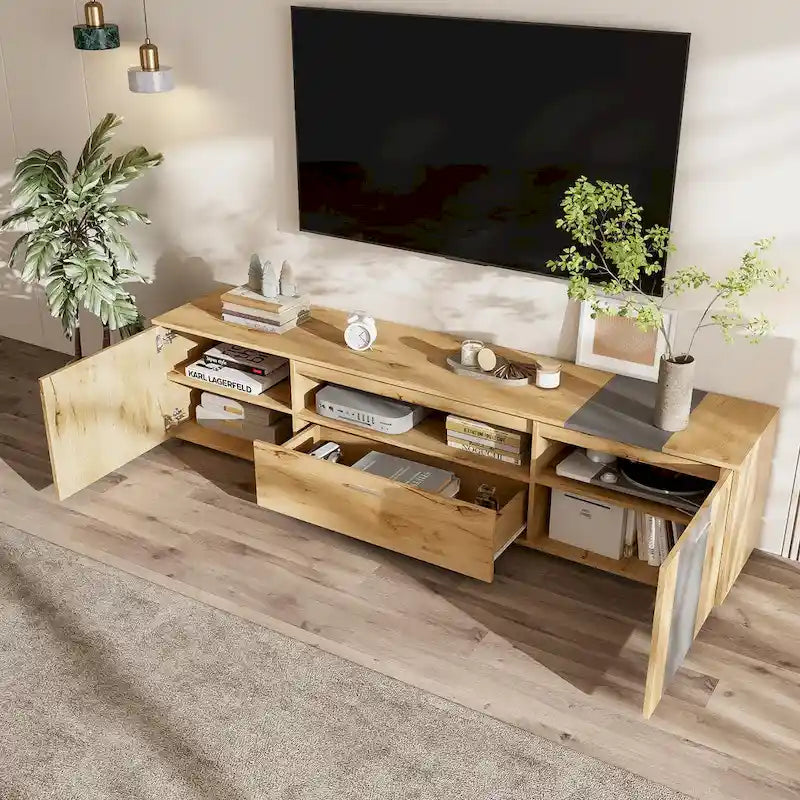Meuble TV 70,86" gris et bois naturel avec 3 armoires et tiroir pour téléviseurs jusqu'à 80"