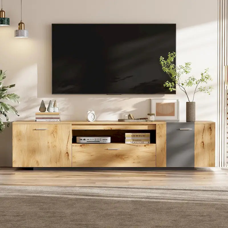Meuble TV 70,86" gris et bois naturel avec 3 armoires et tiroir pour téléviseurs jusqu'à 80"