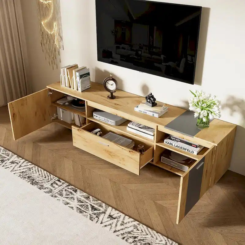 Meuble TV 70,86" gris et bois naturel avec 3 armoires et tiroir pour téléviseurs jusqu'à 80"