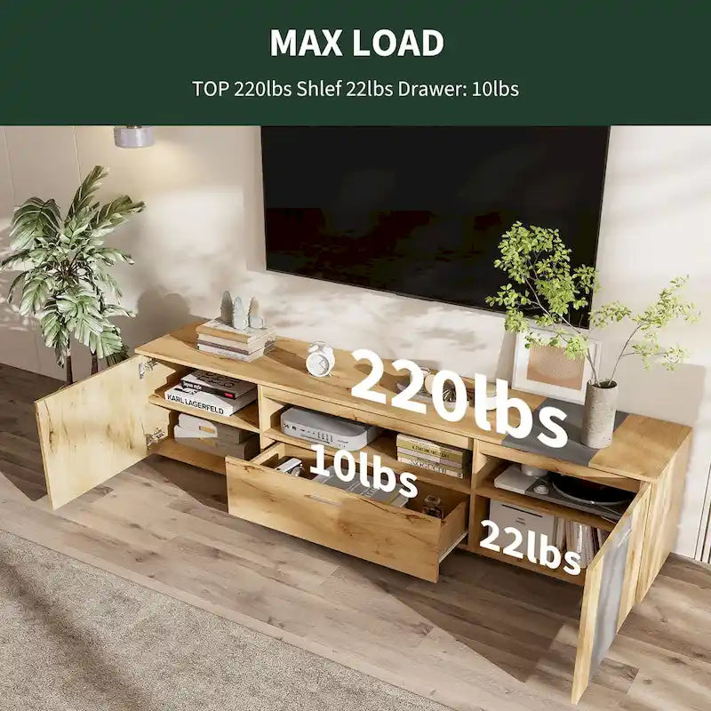 Meuble TV 70,86" gris et bois naturel avec 3 armoires et tiroir pour téléviseurs jusqu'à 80"