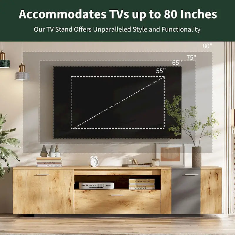 Meuble TV 70,86" gris et bois naturel avec 3 armoires et tiroir pour téléviseurs jusqu'à 80"