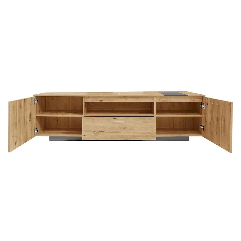 Meuble TV 70,86" gris et bois naturel avec 3 armoires et tiroir pour téléviseurs jusqu'à 80"