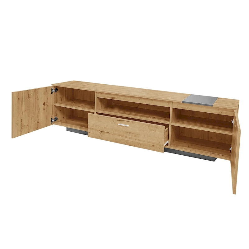 Meuble TV 70,86" gris et bois naturel avec 3 armoires et tiroir pour téléviseurs jusqu'à 80"