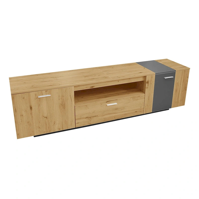 Meuble TV 70,86" gris et bois naturel avec 3 armoires et tiroir pour téléviseurs jusqu'à 80"