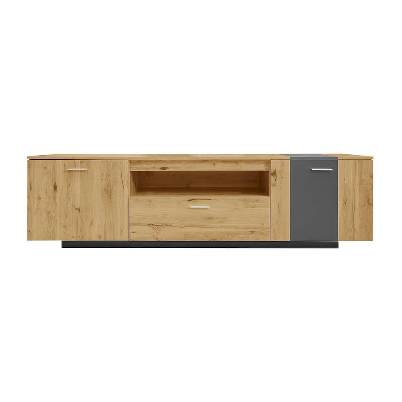 Meuble TV 70,86" gris et bois naturel avec 3 armoires et tiroir pour téléviseurs jusqu'à 80"