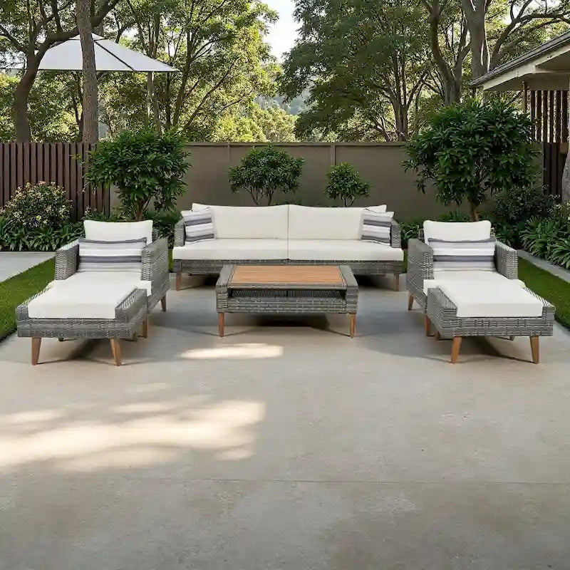 Ensemble de conversation d'extérieur 6 pièces en rotin PE avec canapé, table basse et 2 poufs