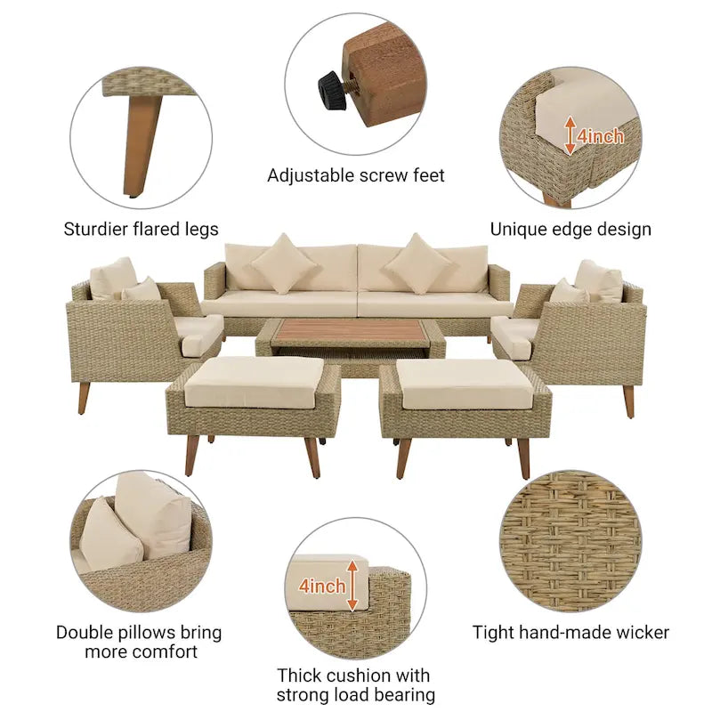 Ensemble de conversation d'extérieur 6 pièces en rotin PE avec canapé, table basse et 2 poufs