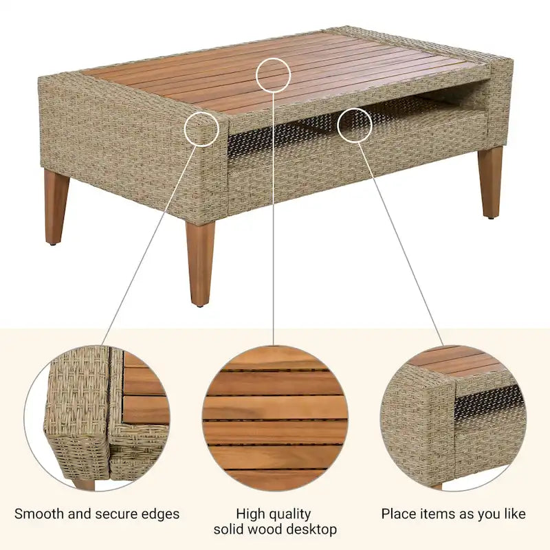 Ensemble de conversation d'extérieur 6 pièces en rotin PE avec canapé, table basse et 2 poufs