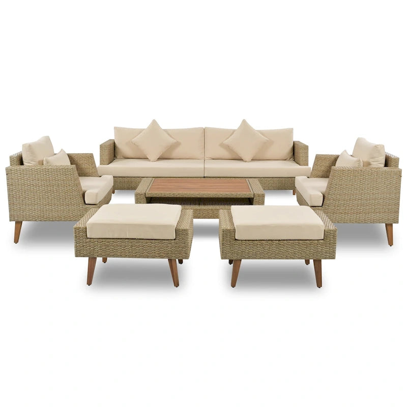 Ensemble de conversation d'extérieur 6 pièces en rotin PE avec canapé, table basse et 2 poufs