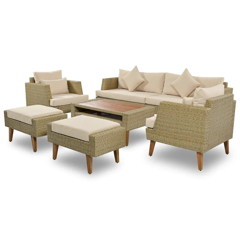 Ensemble de conversation d'extérieur 6 pièces en rotin PE avec canapé, table basse et 2 poufs