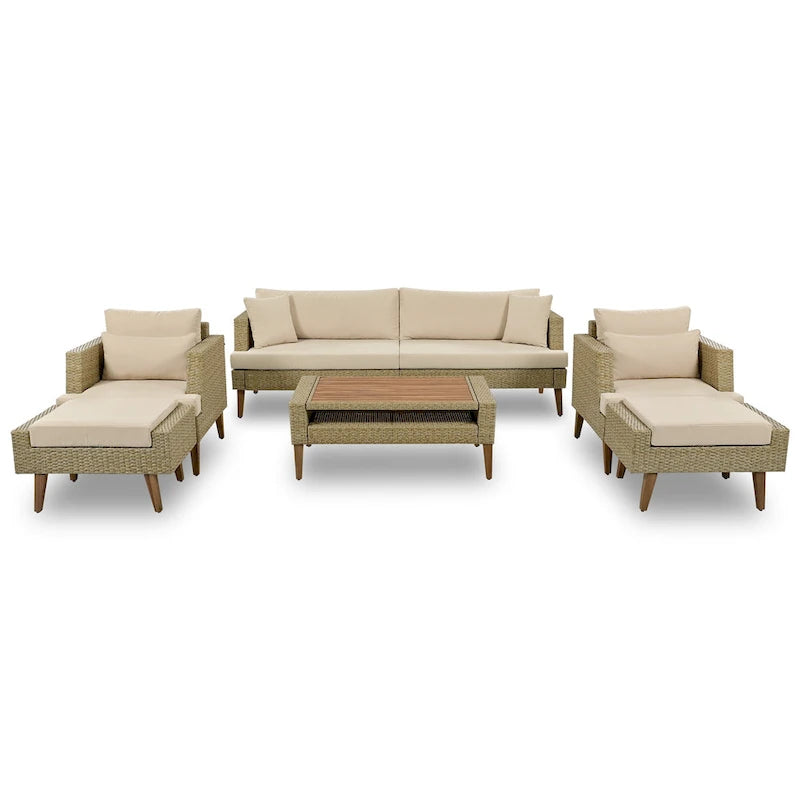 Ensemble de conversation d'extérieur 6 pièces en rotin PE avec canapé, table basse et 2 poufs