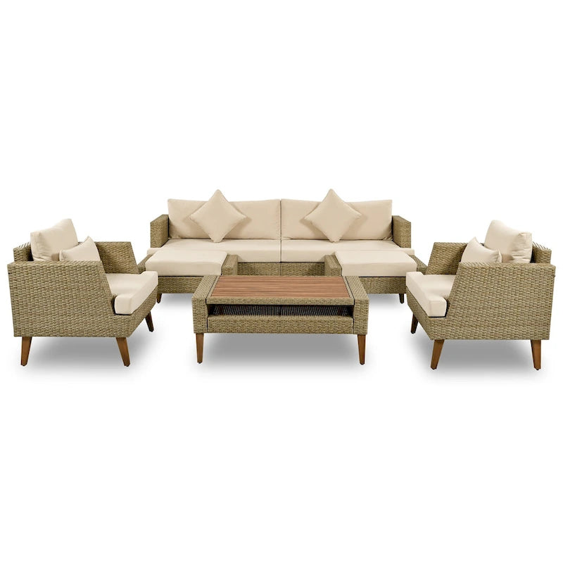 Ensemble de conversation d'extérieur 6 pièces en rotin PE avec canapé, table basse et 2 poufs