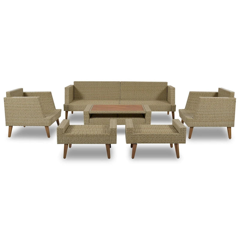 Ensemble de conversation d'extérieur 6 pièces en rotin PE avec canapé, table basse et 2 poufs
