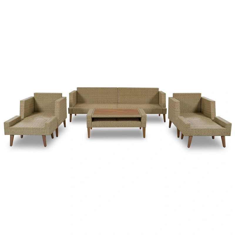 Ensemble de conversation d'extérieur 6 pièces en rotin PE avec canapé, table basse et 2 poufs