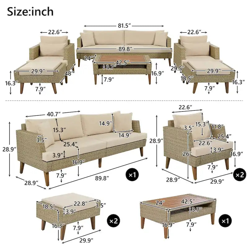 Ensemble de conversation d'extérieur 6 pièces en rotin PE avec canapé, table basse et 2 poufs
