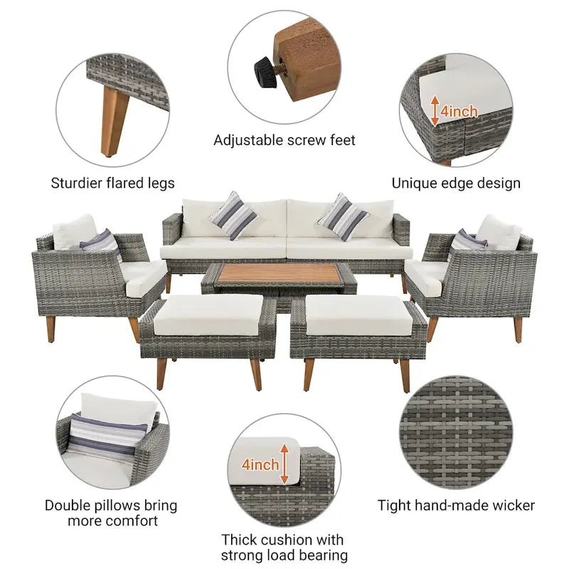 Ensemble de conversation d'extérieur 6 pièces en rotin PE avec canapé, table basse et 2 poufs