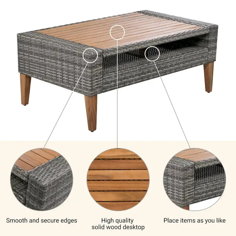 Ensemble de conversation d'extérieur 6 pièces en rotin PE avec canapé, table basse et 2 poufs
