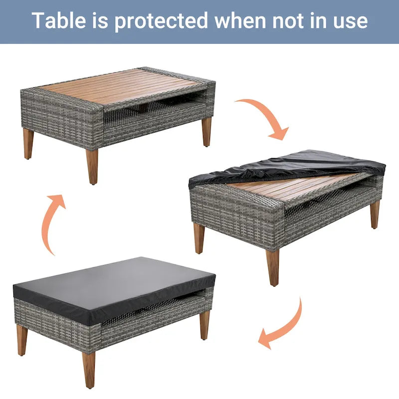 Ensemble de conversation d'extérieur 6 pièces en rotin PE avec canapé, table basse et 2 poufs