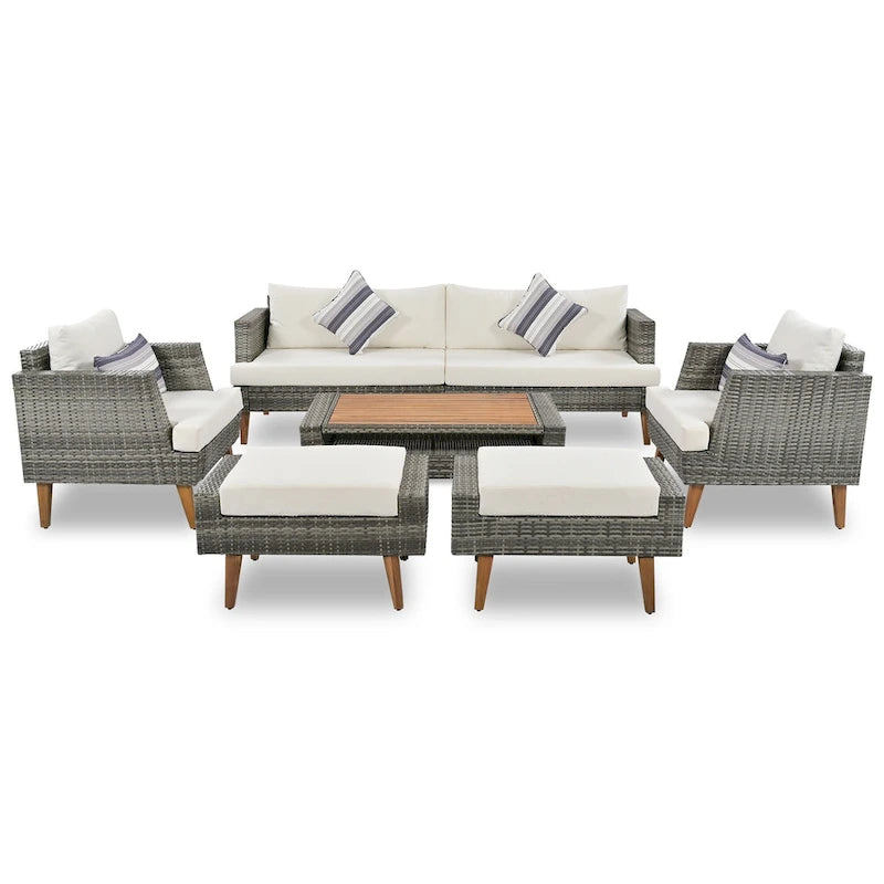 Ensemble de conversation d'extérieur 6 pièces en rotin PE avec canapé, table basse et 2 poufs