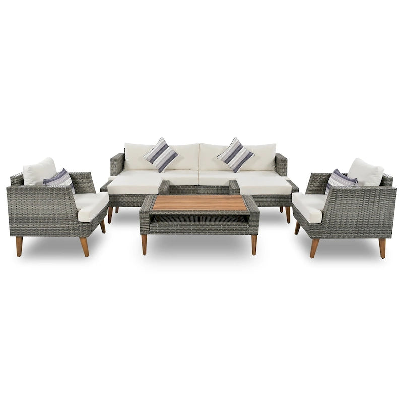 Ensemble de conversation d'extérieur 6 pièces en rotin PE avec canapé, table basse et 2 poufs
