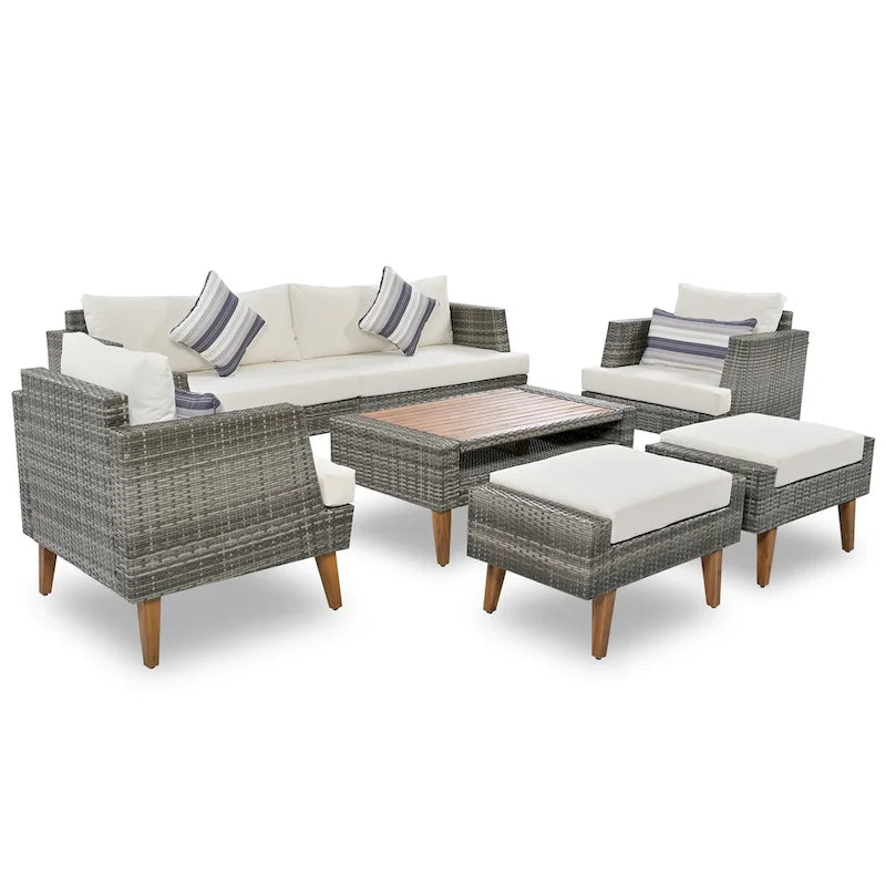 Ensemble de conversation d'extérieur 6 pièces en rotin PE avec canapé, table basse et 2 poufs