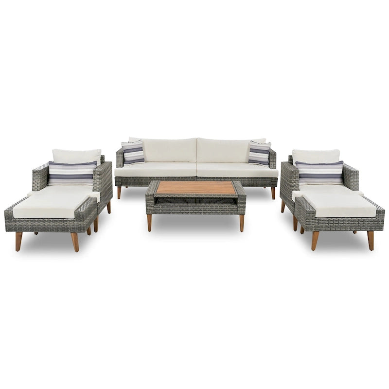 Ensemble de conversation d'extérieur 6 pièces en rotin PE avec canapé, table basse et 2 poufs
