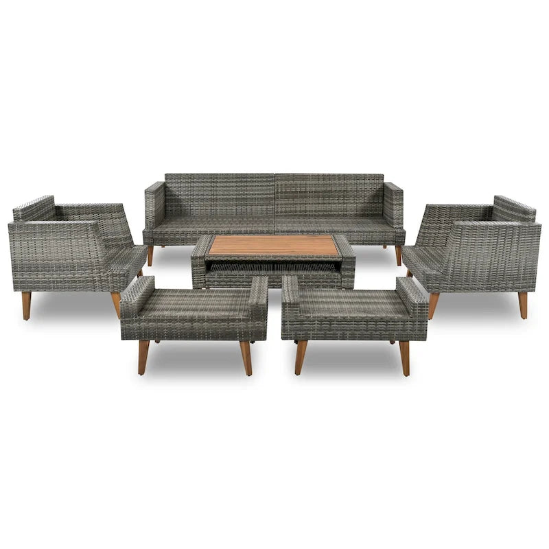 Ensemble de conversation d'extérieur 6 pièces en rotin PE avec canapé, table basse et 2 poufs