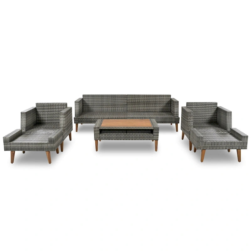 Ensemble de conversation d'extérieur 6 pièces en rotin PE avec canapé, table basse et 2 poufs