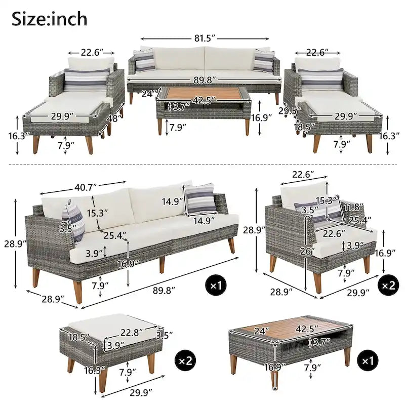 Ensemble de conversation d'extérieur 6 pièces en rotin PE avec canapé, table basse et 2 poufs