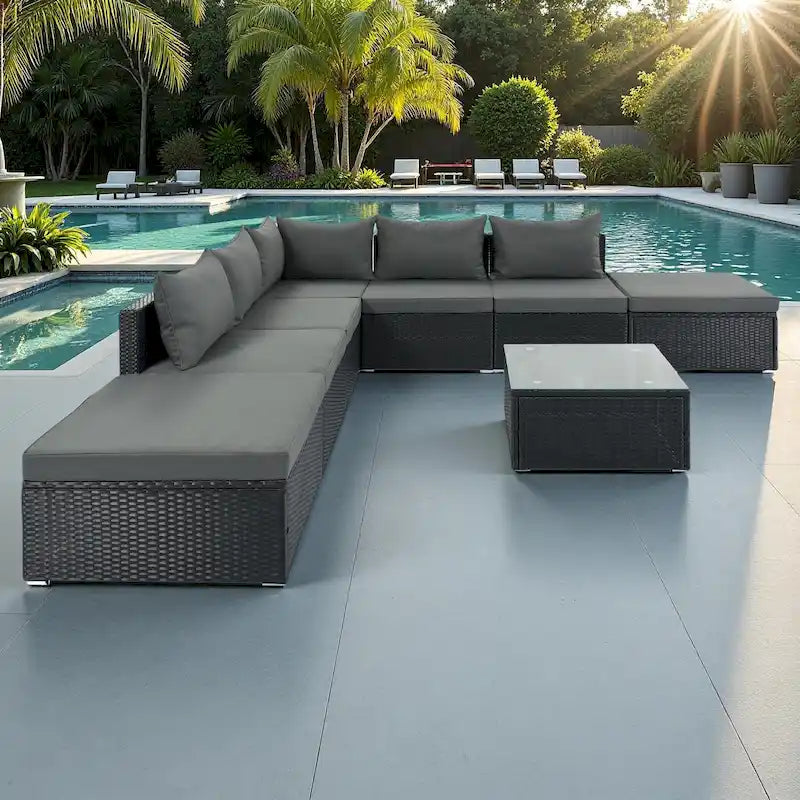 Ensemble de canapés modulaires d'extérieur en osier 8 pièces avec table basse, combinaison libre